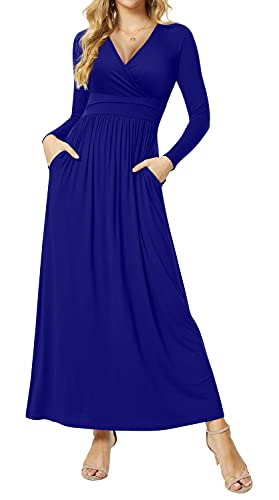 CATHY Women Long Sleeve Deep V Neck Casual Dress Pleated Waist Maxi Dresses with...