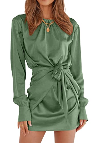 PRETTYGARDEN Women's Spring Satin Dress Long Sleeve Tie Waist Elegant Cocktail Party...