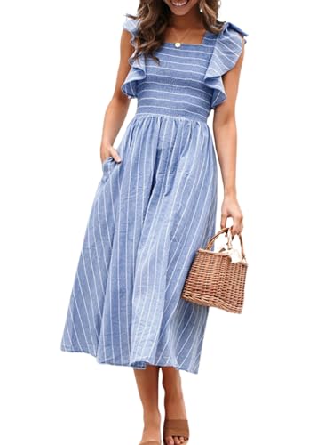 Miessila Womens Summer Dress 2025 Casual Short Sleeve Striped Linen Midi Dresses Boho...