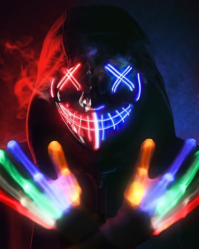 STONCH Halloween Mask Skeleton Gloves Set, 3 Modes Light Up Scary LED Mask with LED...