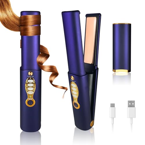 Cordless Curling Iron Titanium Portable Flat Iron Travel Curling Wand Straightener...