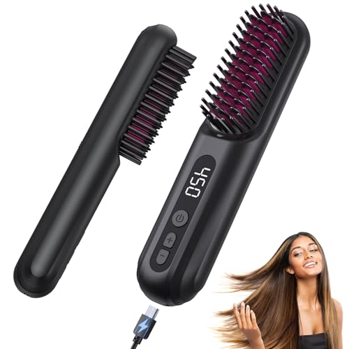 Cordless Hair Straightener Brush - Portable Straightening Comb For Travel - 30s Fast...