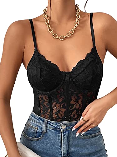 Milumia Women's Sexy Floral Lace Sheer Mesh Corset Bodysuit Spaghetti Strap Cami Tops...