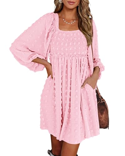 BTFBM Women Square Neck Smocked Dresses 2024 Summer Fall Long Sleeve Floral Swiss Dot...