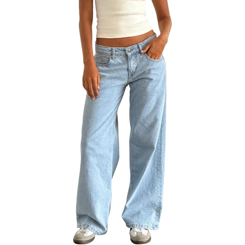 Women Y2K Low Rise Baggy Jeans Loose Fit Boyfriend Straight Wide Leg Denim Pants...