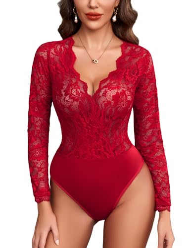 Avidlove Womens Long Sleeve Bodysuit V Neck Lace Body Suits Going Out Tops Snap...