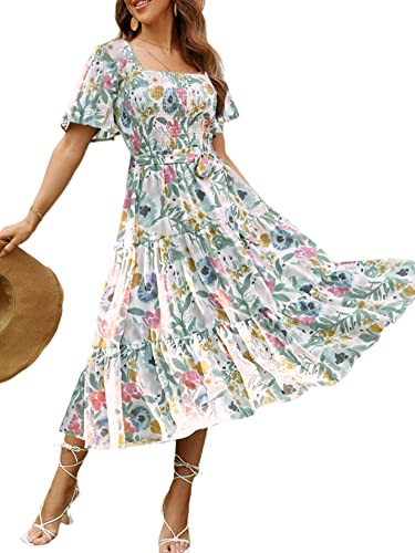 Amegoya Women's Boho Summer Floral Midi Dress Flowy Tiered Flutter Sleeve Square Neck...