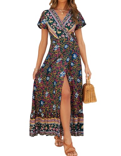 ZESICA Women's Bohemian Floral Printed Wrap V Neck Short Sleeve Split Beach Party...