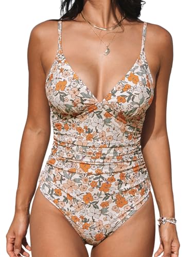 CUPSHE Women's One Piece Swimsuit Tummy Control V Neck Ruched Adjustable Straps, L...
