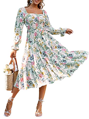 Amegoya Women's Boho Flowy Long Sleeve Floral Midi Dress Square Neck Smocked Tiered...