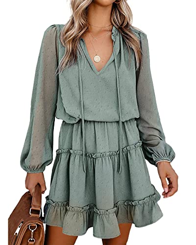 BTFBM Women Casual Summer Fall Dresses Tie V Neck Long Sleeve High Waist Ruffle...