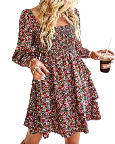 BTFBM Women Square Neck Smocked Dresses 2024 Summer Fall Long Sleeve Floral Swiss Dot...
